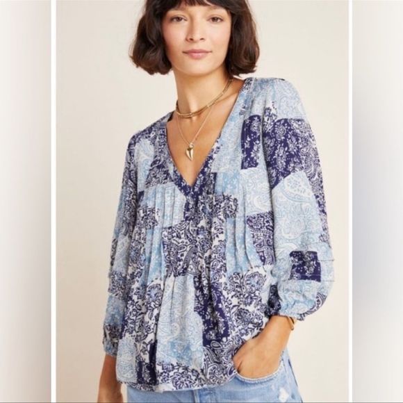 Anthropologie Maeve Paisley Patchwork Cathy Pleated Tunic Top Size M - Picture 3 of 11